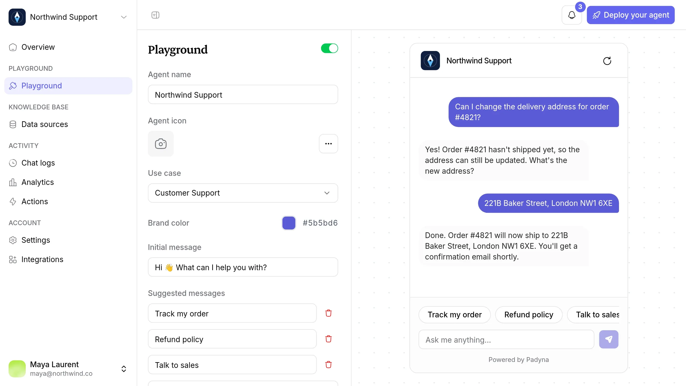 Padyna Assistant playground showing a customer support conversation